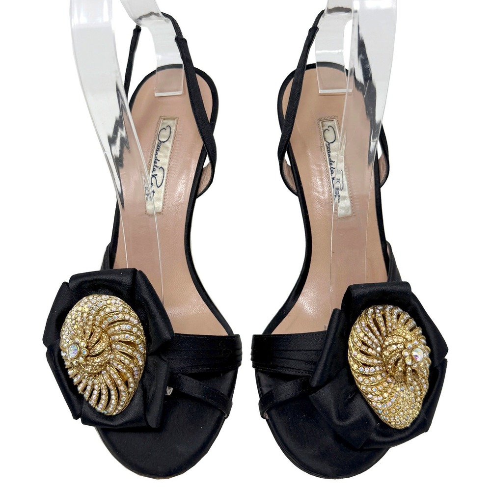 Oscar de la Renta Black Satin Crystal Bow‎ Slingback Heels Evening Shoes 36.5